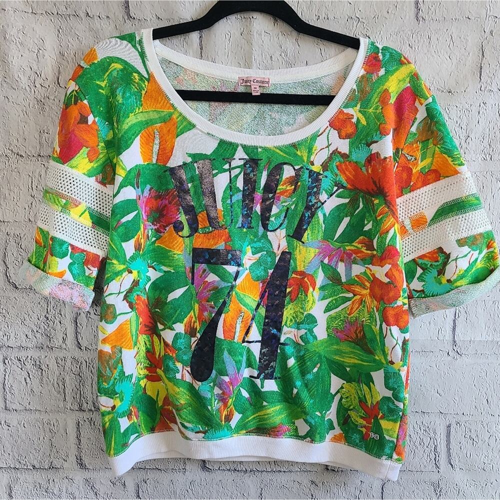 Juicy Couture Green‎ Tropical Spring Cottage Floral Print Jersey Top Medium